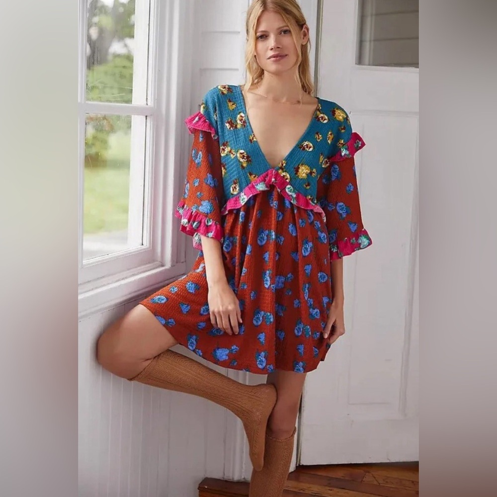 By Anthropologie Floral Ruffled Sleep Babydoll Mini Dress Size Small